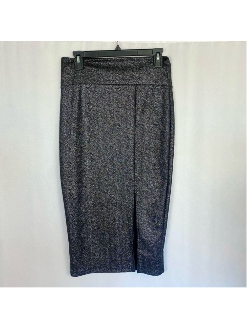 NWT High Waist Midi Pencil Skirt Women’s L Silver Metallic on Black Stretchy